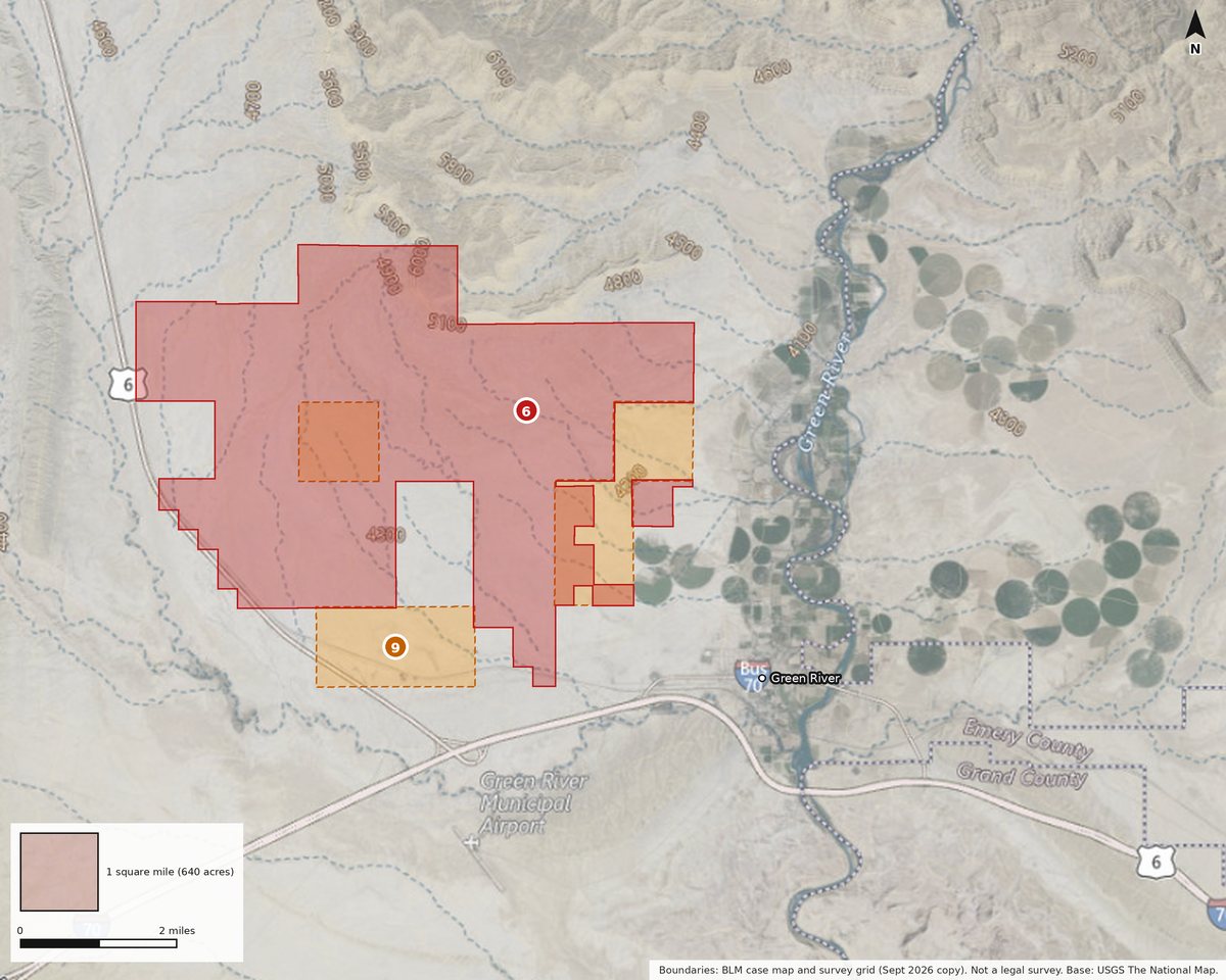 Map: Near Green River. Valar's Green River BLM application (6): 10,270 acres, still listed as pending; Valar told a reporter it decided not to pursue the site. State site-study permit application 7672 (9) covers 1,813 acres across several sections; no record names the applicant.