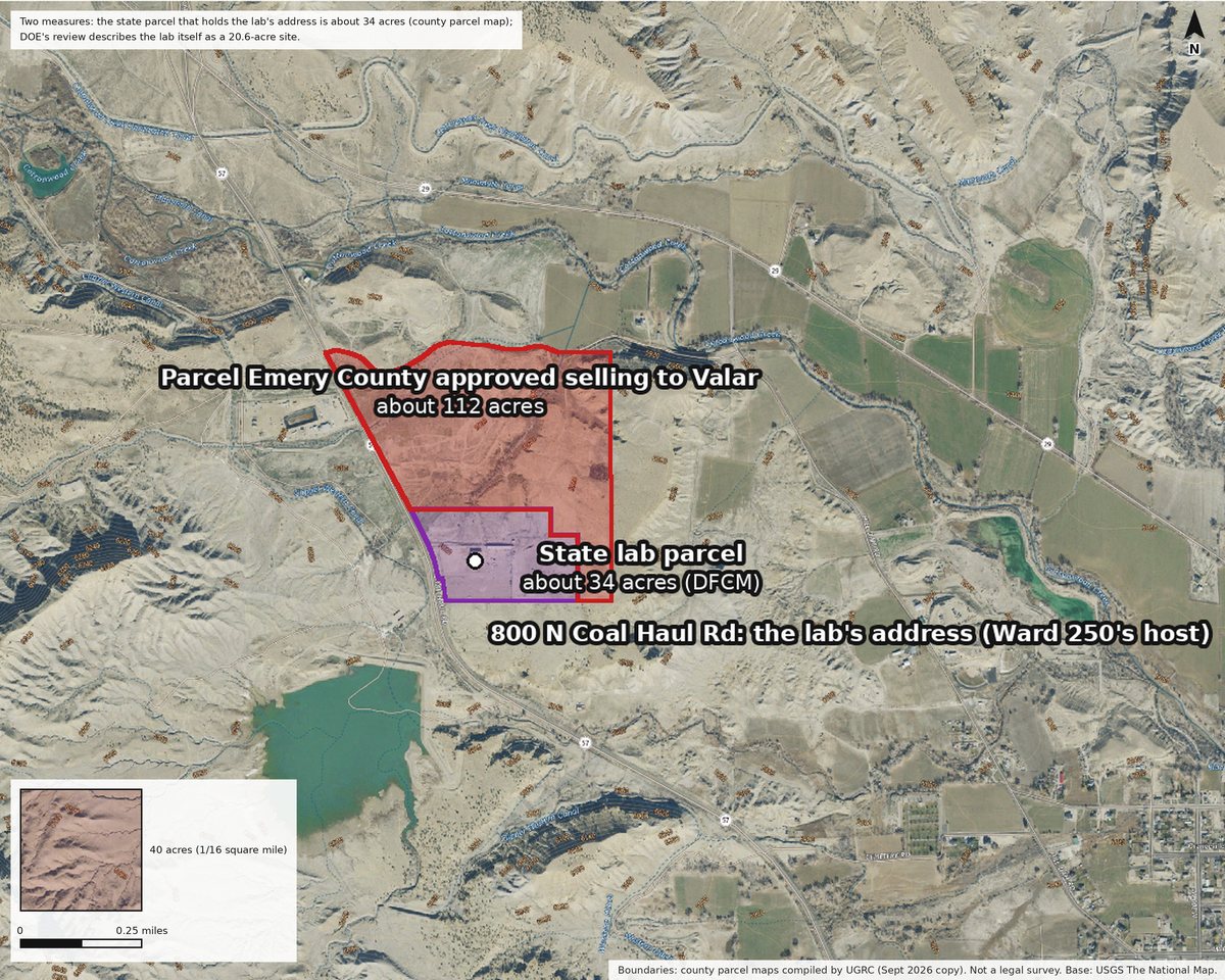 Map: Near Orangeville. The state-owned parcel that holds the lab's address, where Ward 250 operates, about 34 acres by the county parcel map (DOE describes the lab itself as a 20.6-acre site), and the parcel next to it that Emery County approved selling to Valar, about 112 acres. This map is much closer in, so its square is 40 acres.