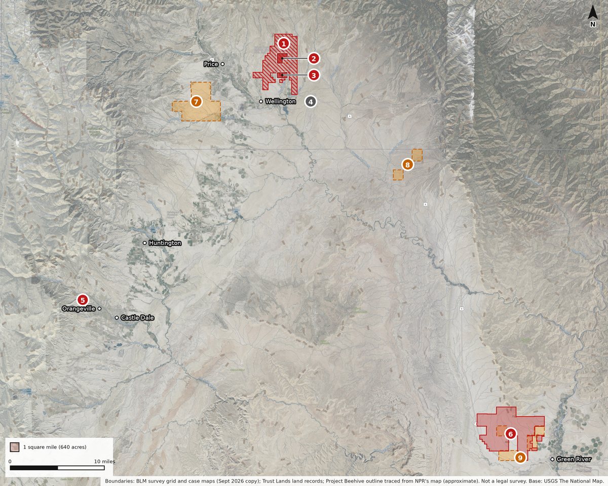 Map: Every site, to scale. Numbered as in the full map's key: 1 Project Beehive, 2 the lease approved for Valar, 3 the RW 453 claim area, 4 the Jurassic Spark parcels (no Valar link found), 5 the state lab and the parcel next to it that Emery County approved selling to Valar, 6 Valar's Green River application, 7 to 9 state site-study permit applications (no record names the applicant).