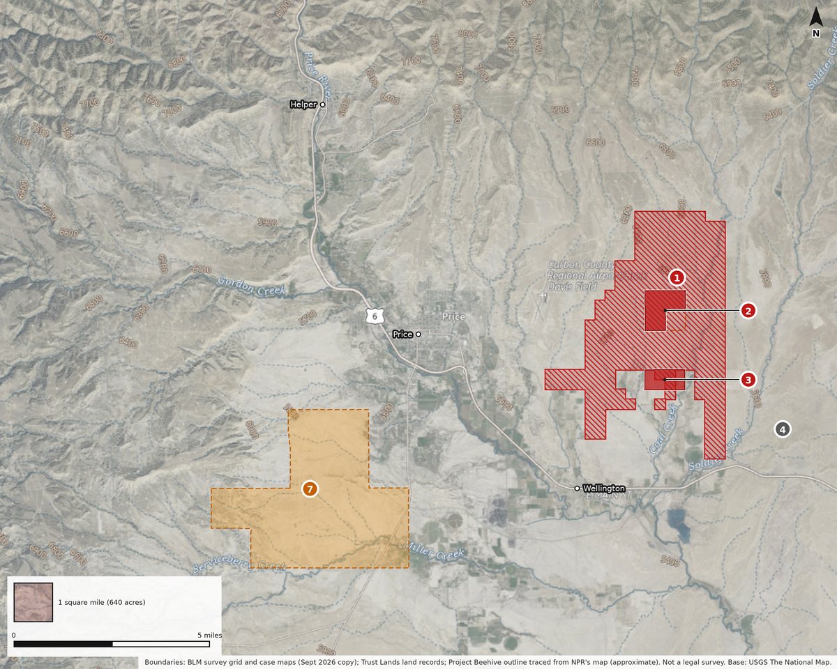 Map: Around Price. Centered on Price. Project Beehive (1), about 9,700 acres as drawn from NPR's map (outline approximate), takes in the lease approved for Valar (2) and part of the RW 453 claim area (3). Southwest of Price, state site-study permit application 7674 (7) covers 5,382 acres; no record names the applicant. The Jurassic Spark parcels (4): no Valar link found.