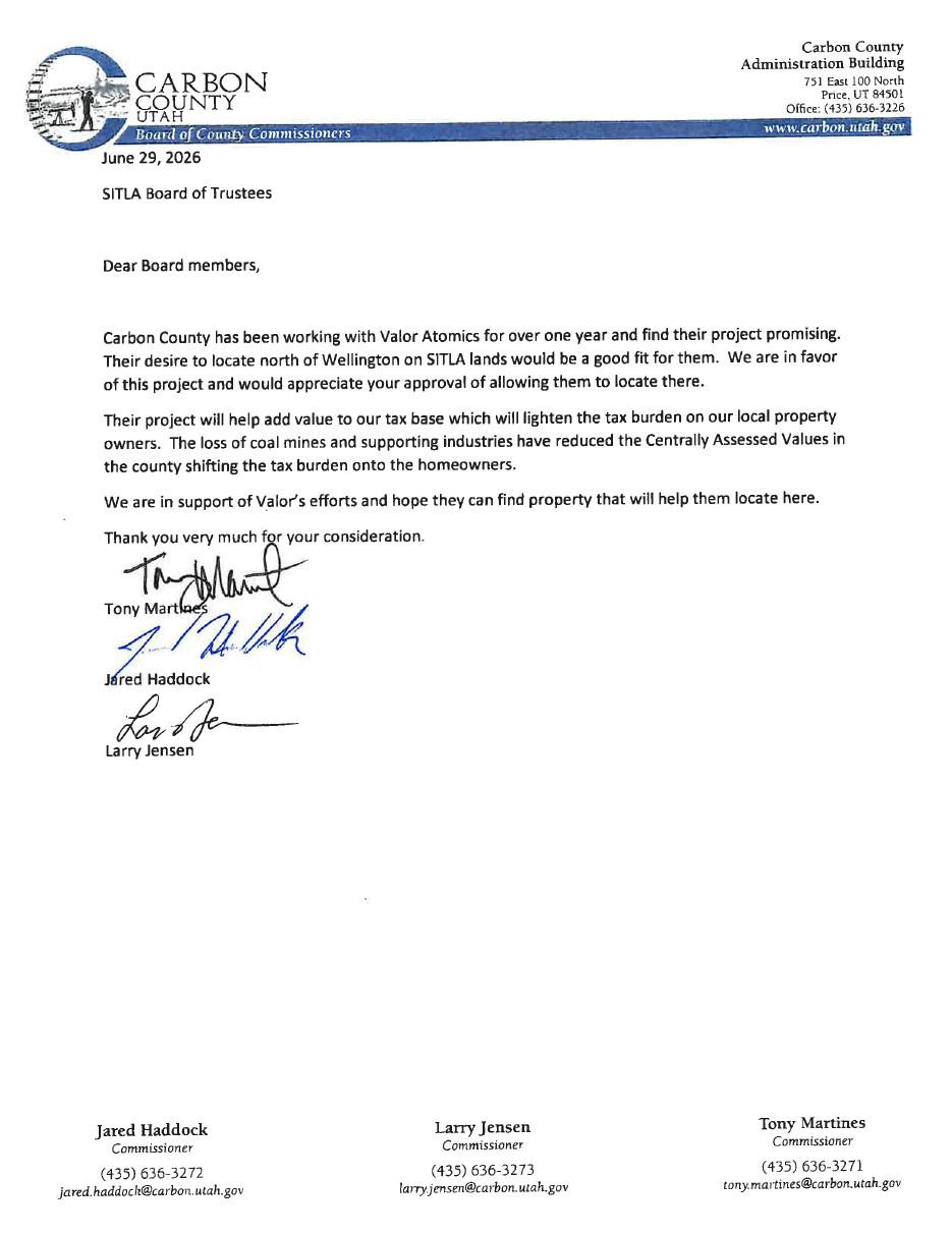 The Carbon County commissioners' letter of June 29, 2026 to the Trust Lands board